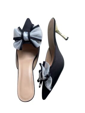 Luxurious Black Bow-Accent Women’s Elegant Pointed Toe Mules